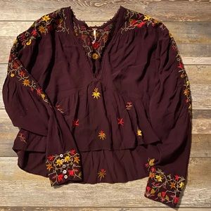 Free People High Low Embroidered Blouse